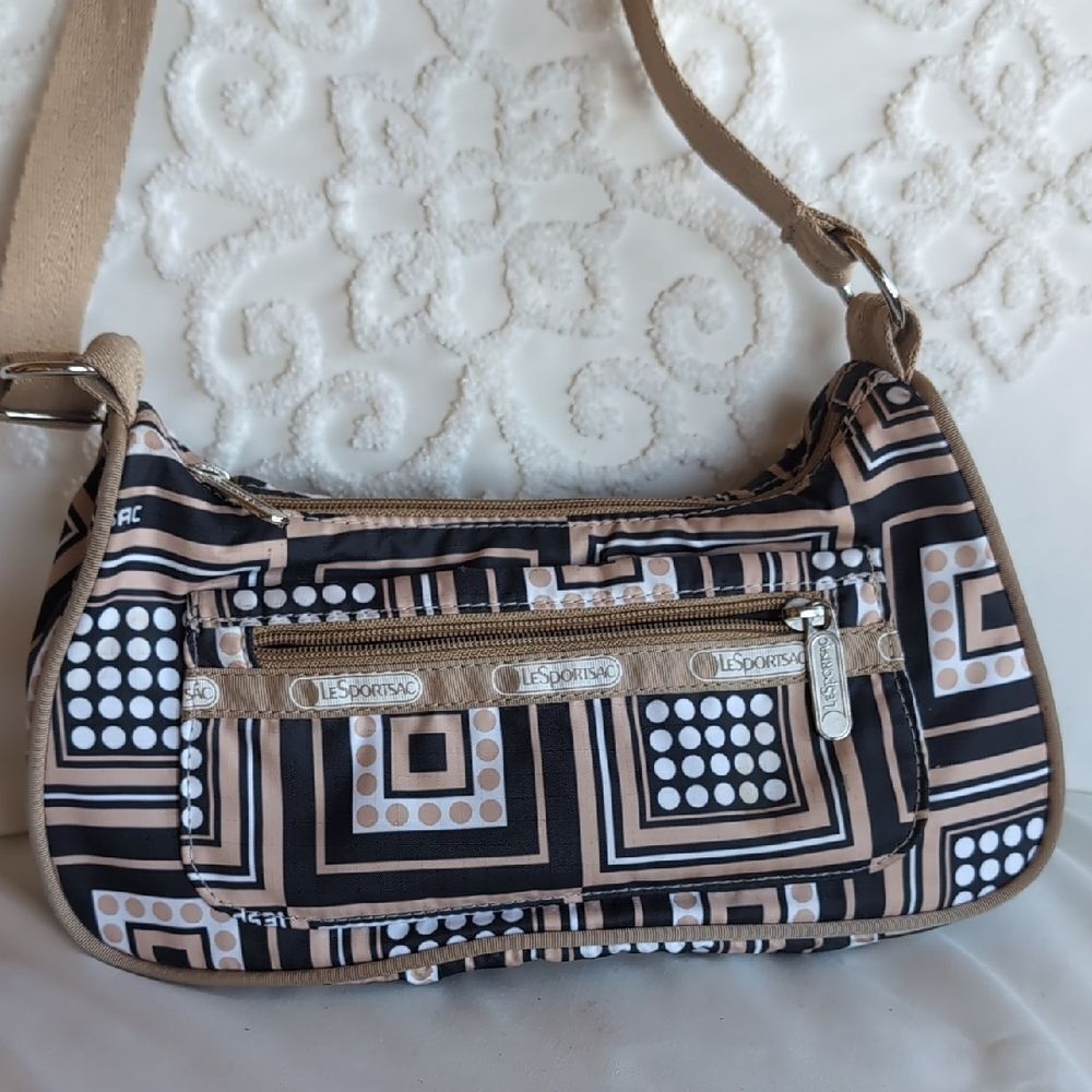 LeSportsac Mini Hobo Traveler -Beige Black And White Geometric Crossbody
